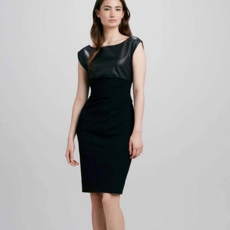 Dvf Diane Von Furstenberg Jori Black Leather Knit Jersey Combo Ruched Dress